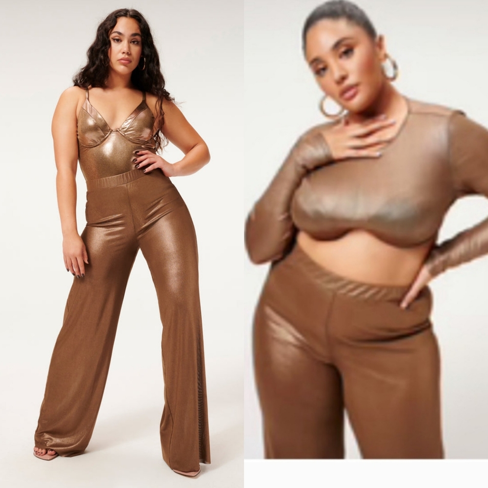 GOOD AMERICAN Mesh Foil Cover-up Wide Leg Flare Pants In Mocha Size 5 / 2XL